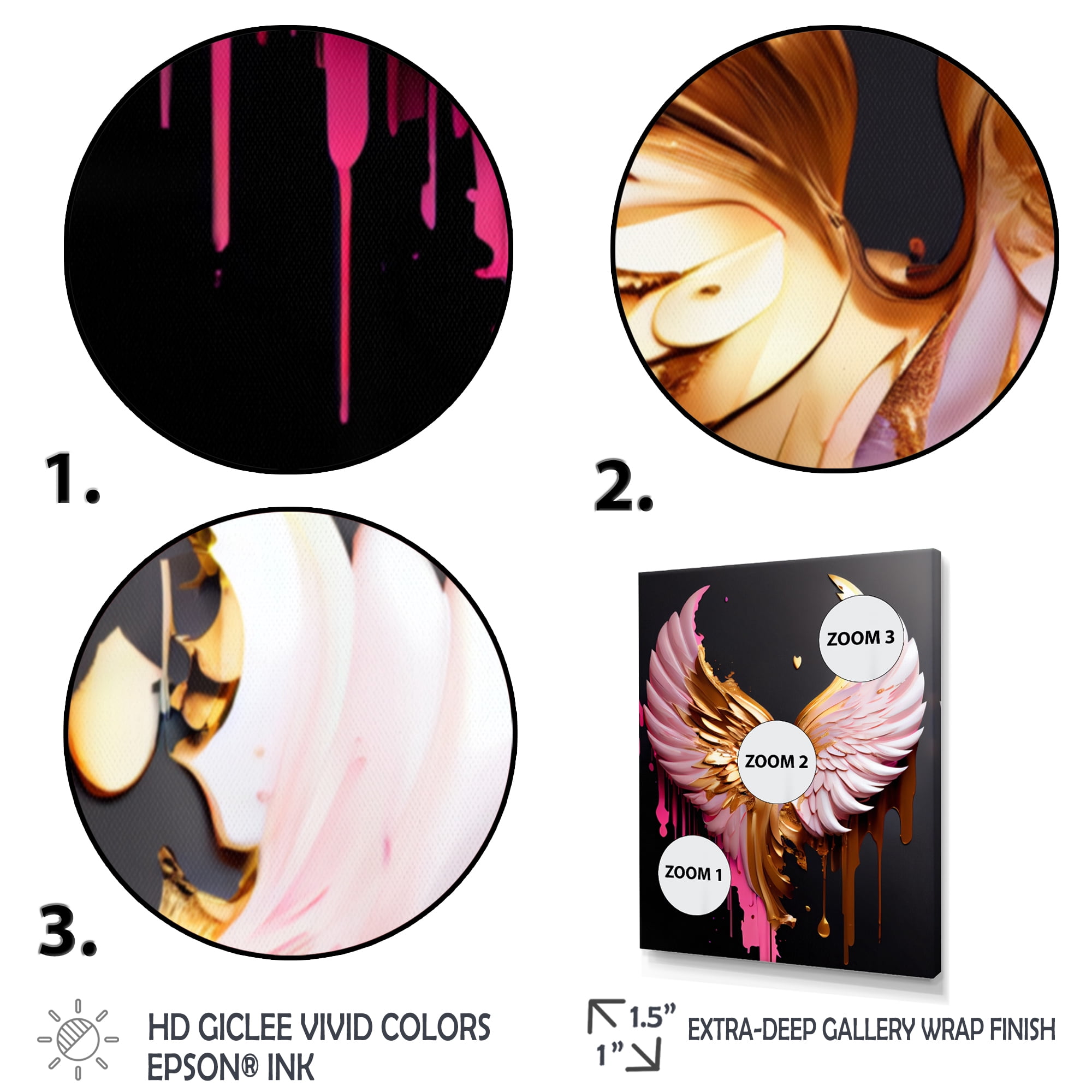 Designart Pink,Gold And Black Angel Wings I Canvas Wall Art