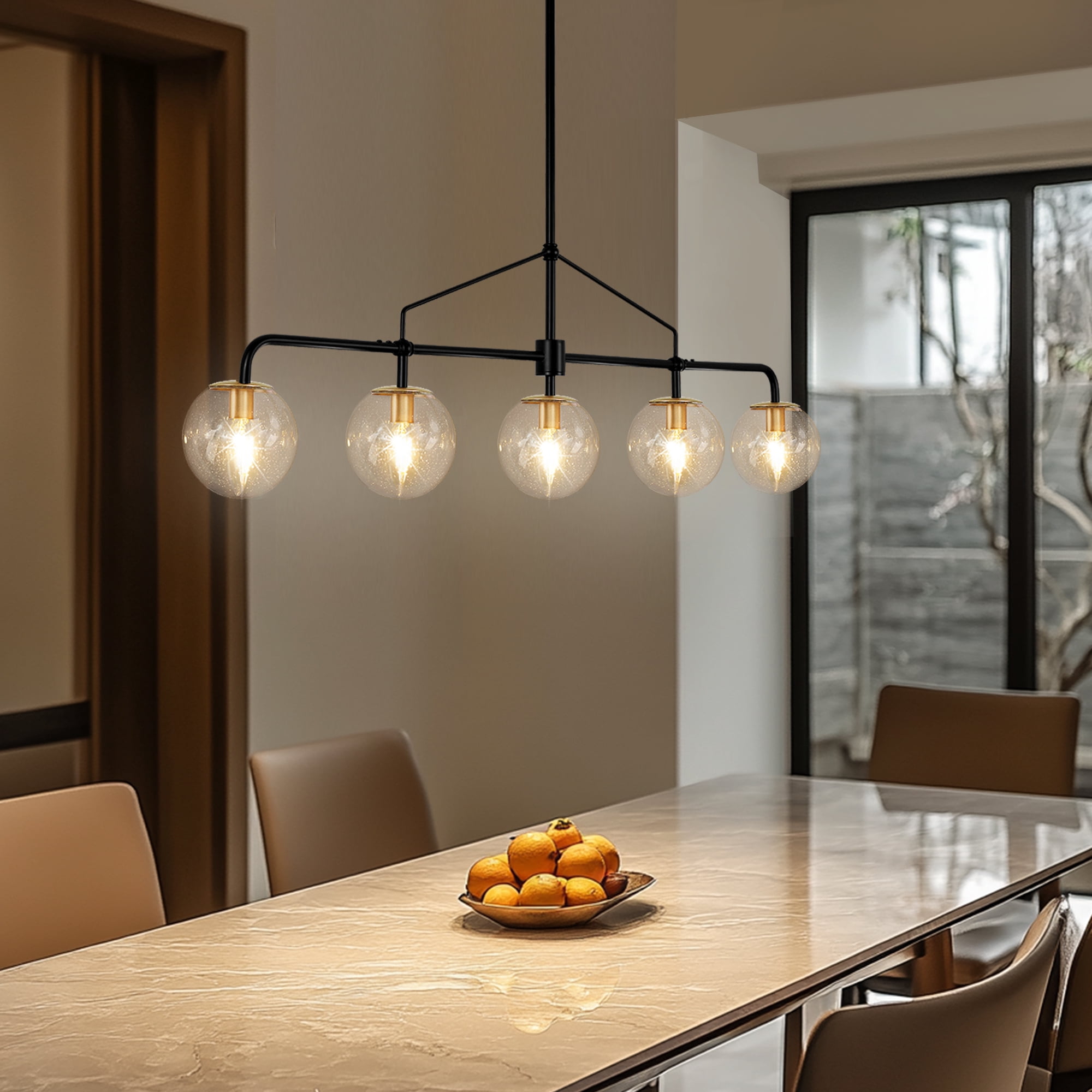 Auffel Dining Room Light Fixtures over Table 39 Inch Linear Chandeliers for Dining Room,Balck and Gold 5-Light Pendant Lights Kitchen Island,Seeded Glass Globe Lampshade