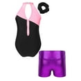 thumbnail image 2 of YONGHS Kids Girls Hollow Back Metallic Gymnastic Leotard with Sports Shorts 2Pcs Tracksuit Pink&Purple 14, 2 of 7