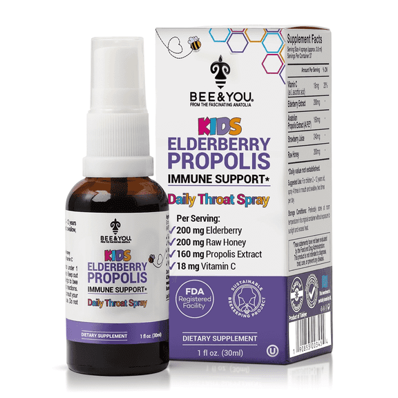 BEE & YOU Elderberry Kids Immune Support Throat Spray with Raw Honey, Propolis, Vitamin C, 1 fl. Oz