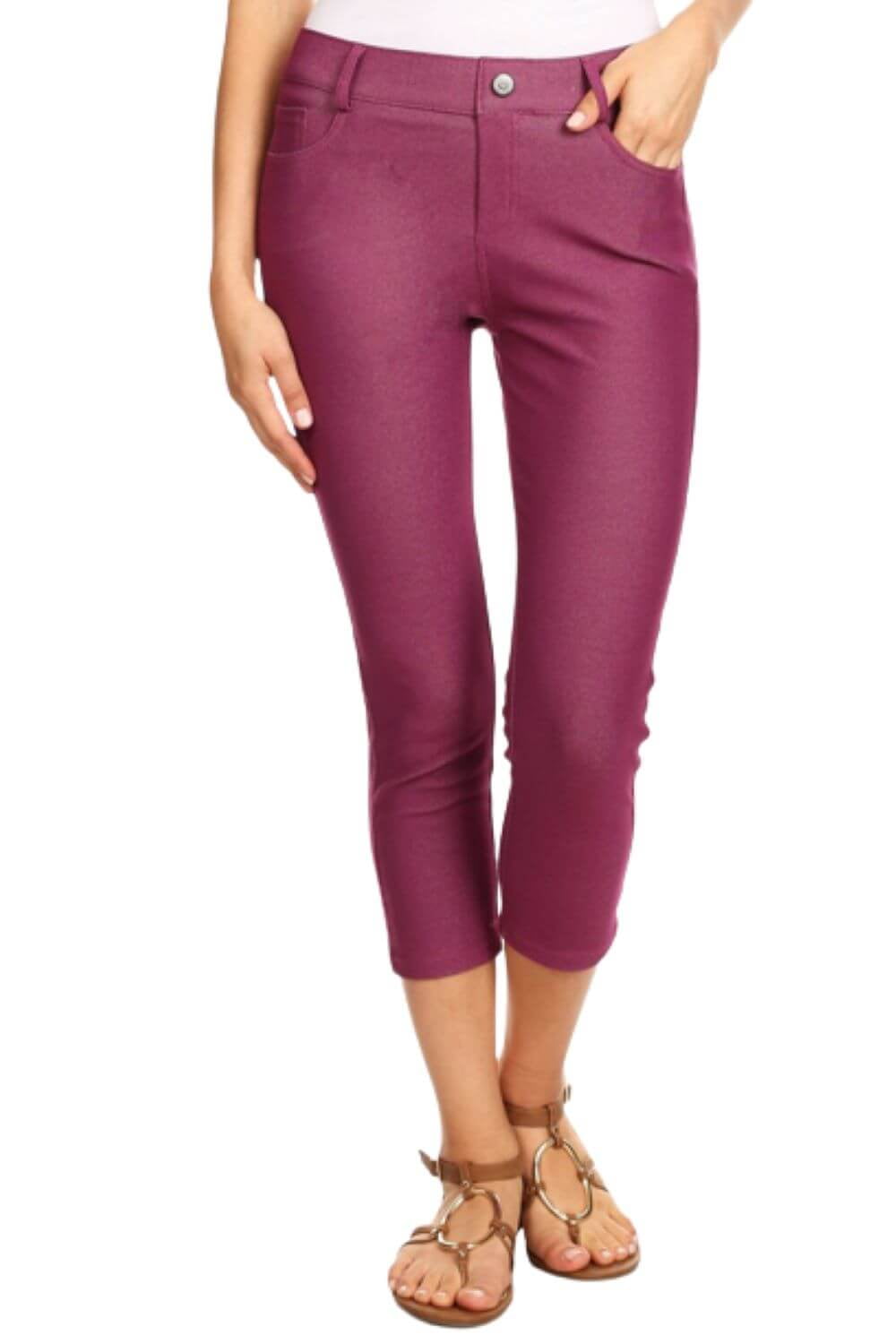 Women's Ultra Soft Classic 5 Pocket Bermuda Shorts / Capris / Full Length Jeggings, Capri, Plum