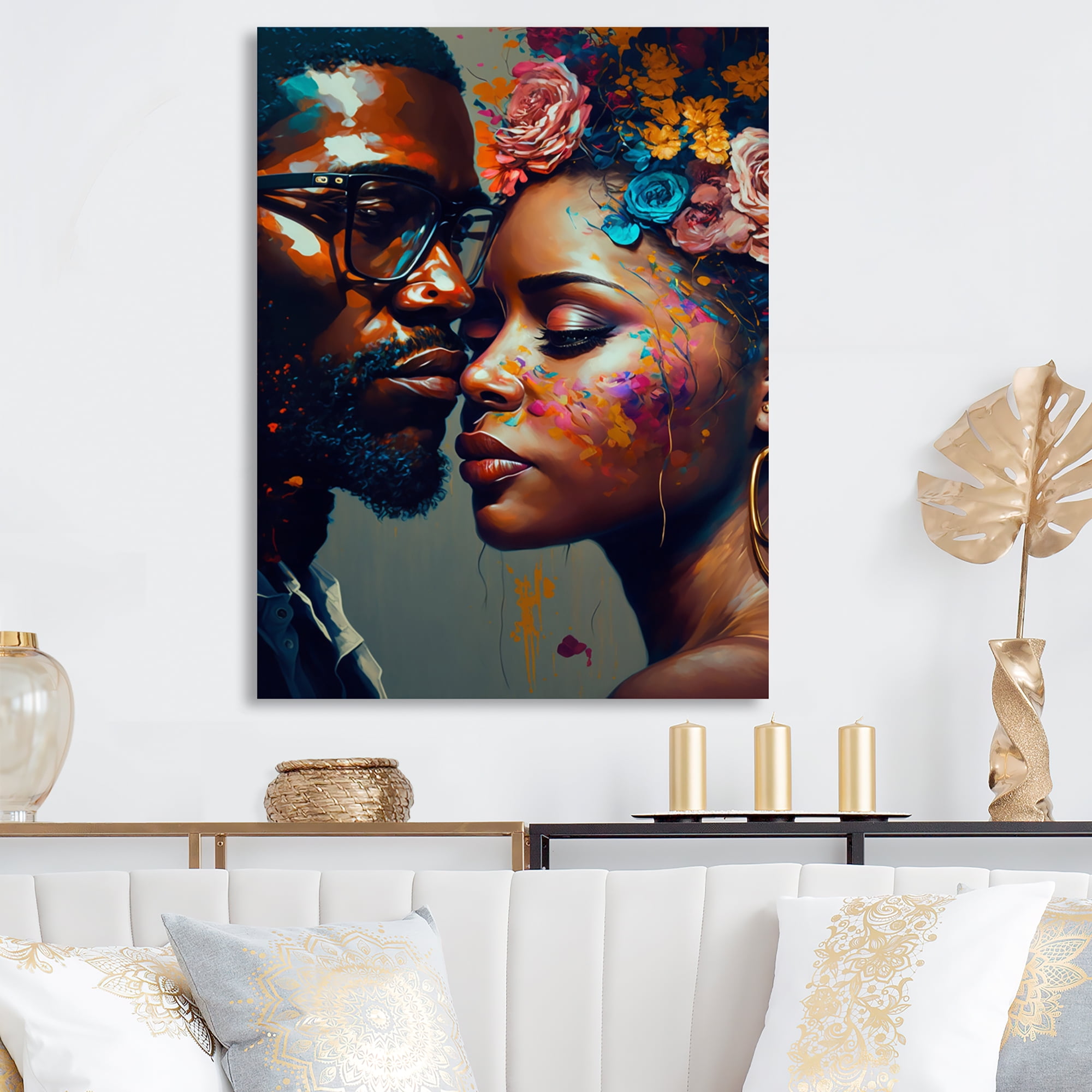 Designart Loving Couple Kissing Floral Design V Canvas Wall Art