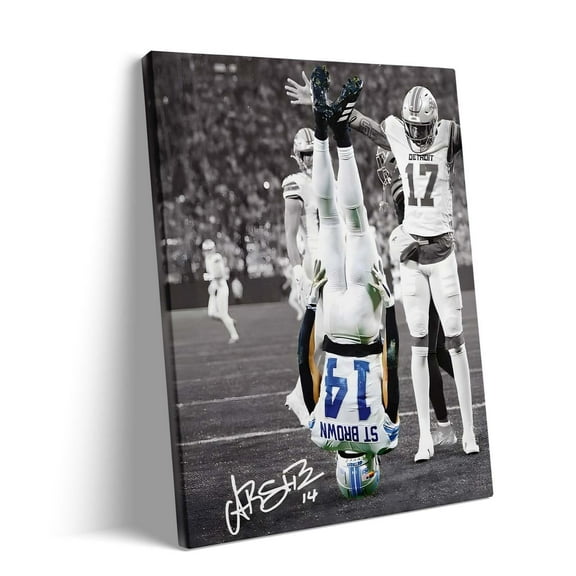 American Football Sports Canvas Wall Art Amon-Ra St Brown 7 Framed Poster Wall Decor Print For Kids Teen Birthday Gifts Rugby Star Pictures for Living Room Bedroom Home Decoration