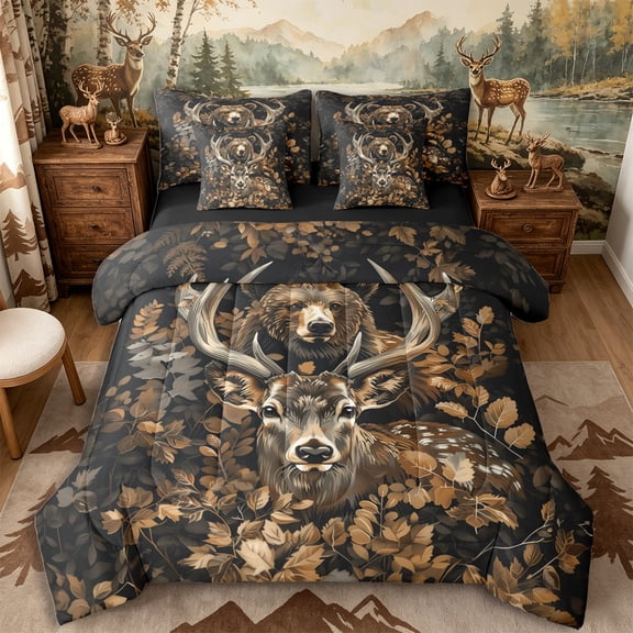 Castle Fairy Teens Vintage Autumn Bear Deer 7-Piece Twin Bedding,Autumn Tree Leaves Bedding Comforter Set,Brown Orange Black,Black Reversible