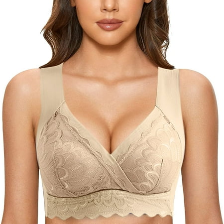 

Fsqjgq Large Size Sleep Bras for Women Floral Lace Push Up Bra Ladies No Steel Ring Breathable Brassiere Bralette Beauty Back Vest Beige Xxxxl