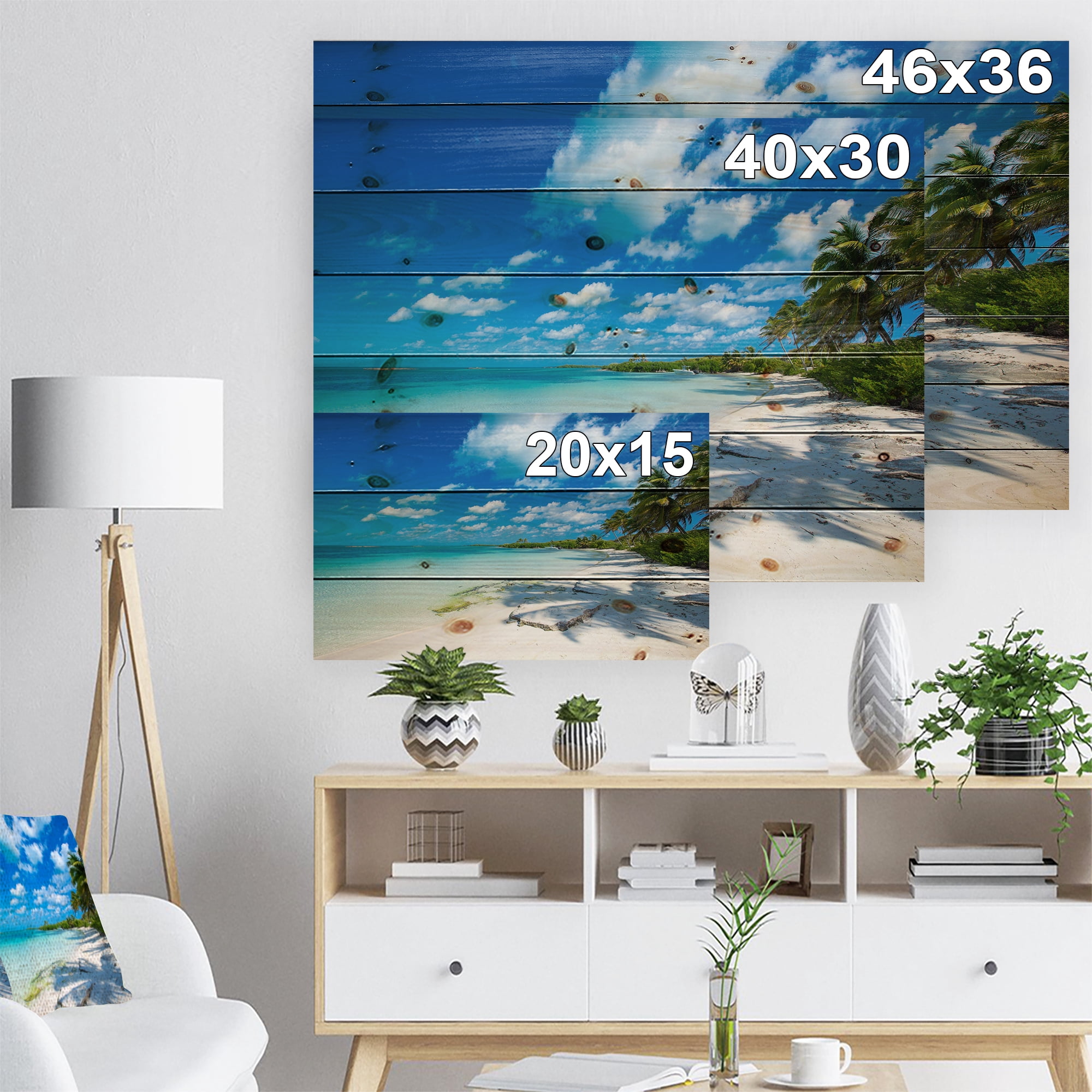 Designart 'Tropical Beach with Palm Shadows' Seashore Print on Natural Pine Wood
