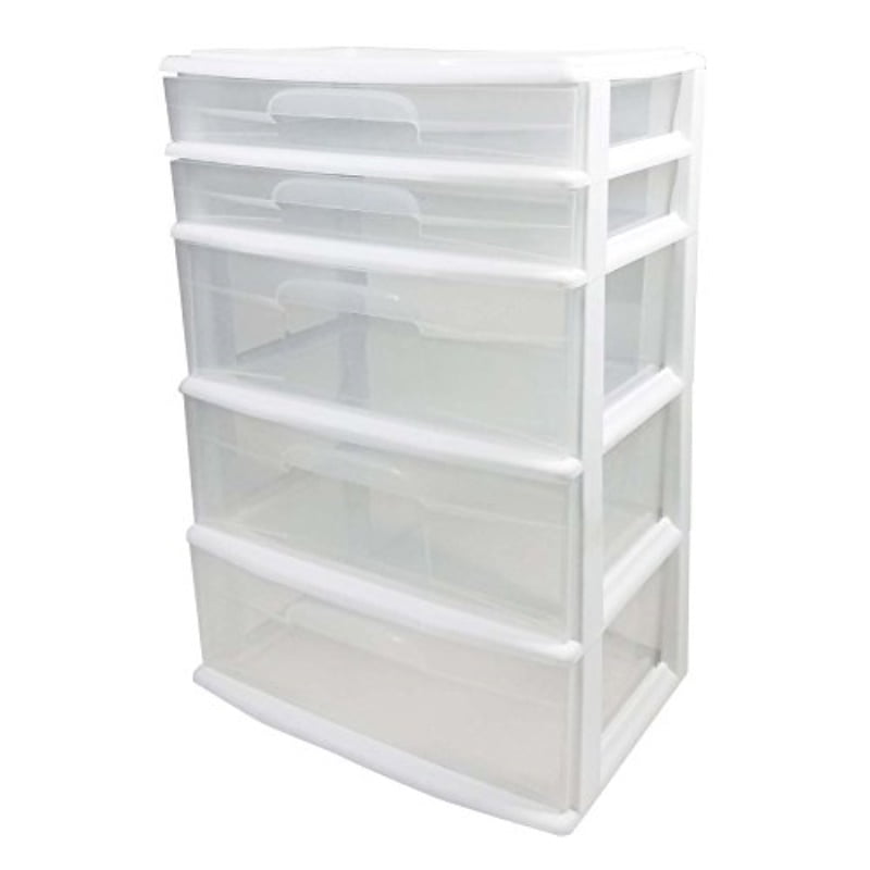 HOMZ Plastic 5 Wide Storage Tower, White Frame, Clear Drawers, Set of 1