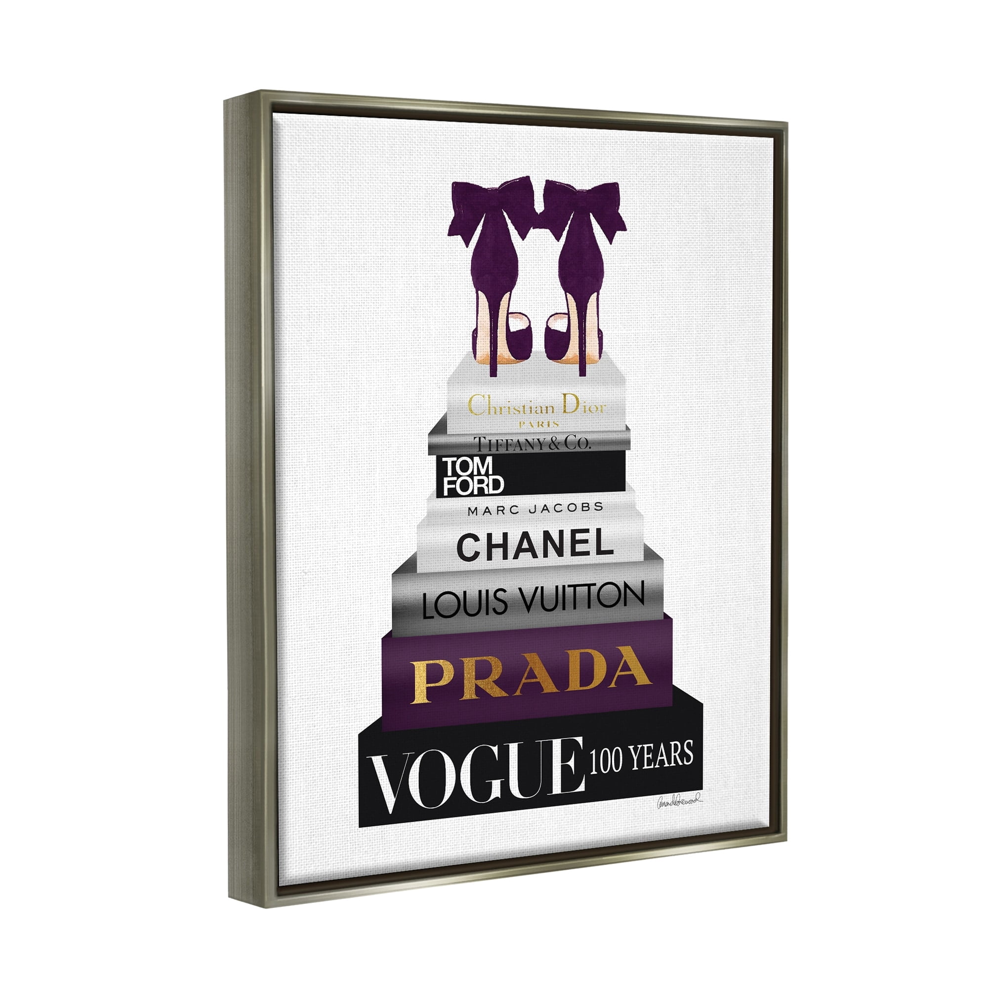Stupell Industries Fashion Designer Shoes Bookstack Purple Gold Watercolor Luster Gray Framed Floating Canvas Wall Art, 16x20, by Amanda Greenwood