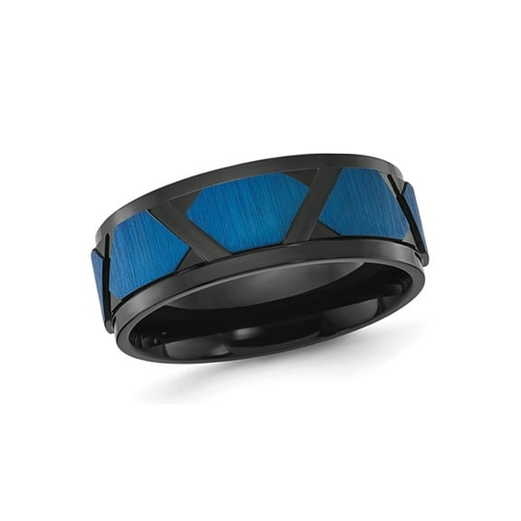 Gem & Harmony Mens Titanium Polished and Brushed Blue Plating Band Ring (8mm) for Men