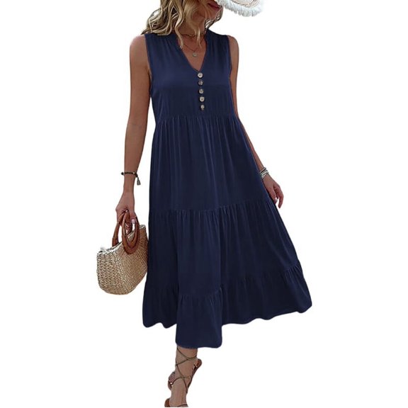 Summer Flowy Maxi Dress with Pockets Sleeveless Loose Casual Sundress V-Neck Tiered Sun Dress for Beach Cruise Vacations Navy Blue S