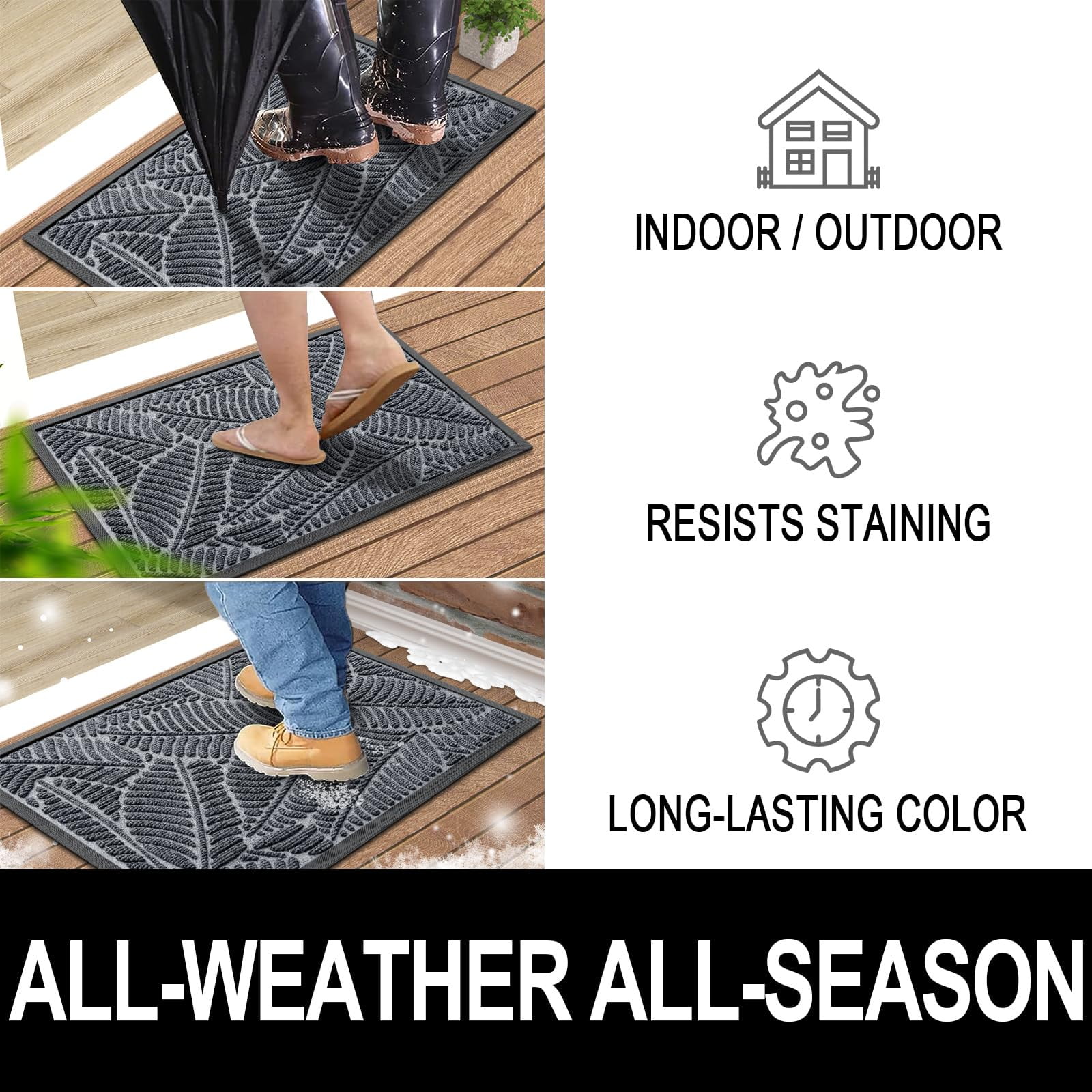Buganda Waterproof Doormat, Non Slip Absorbent Rubber Door Mat for Outdoor and Indoor, Low Profile Dirt Trapper Front Door Rug, 30"x17",Grey
