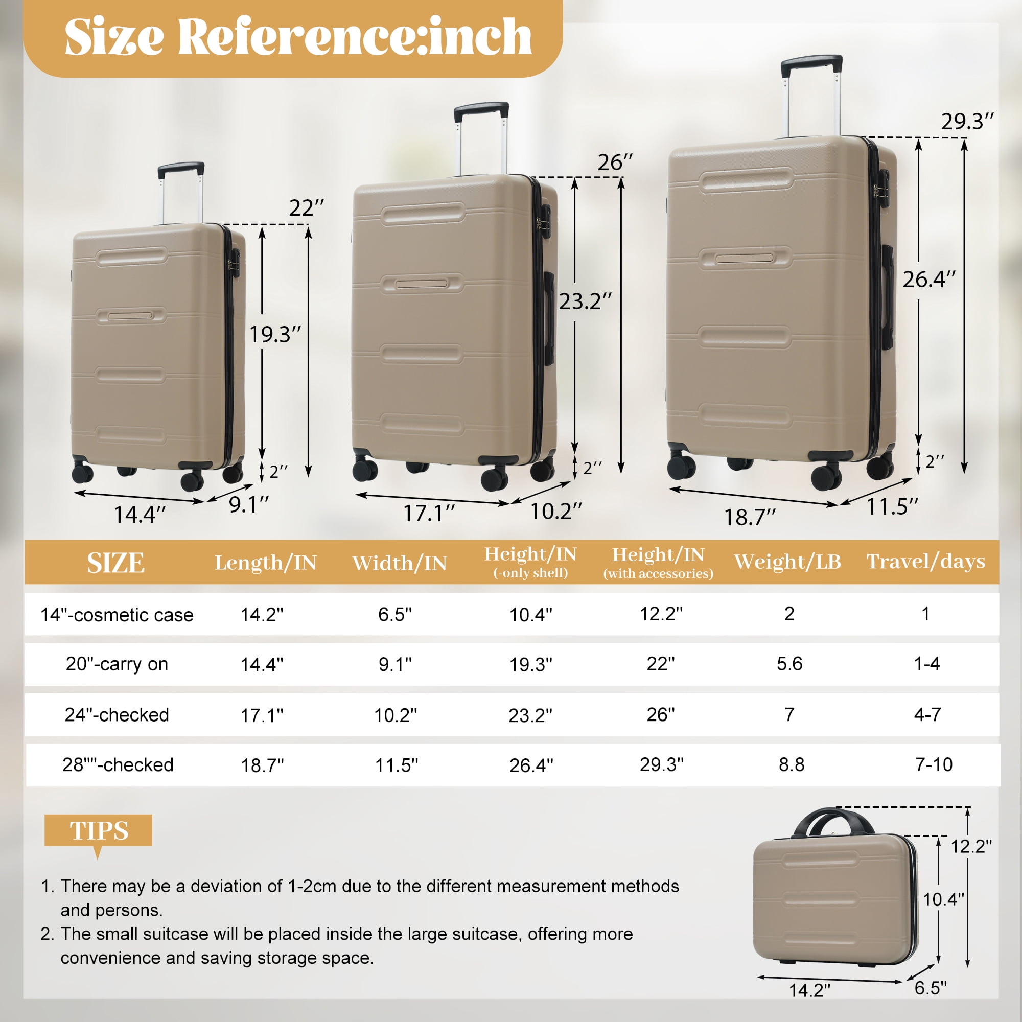 6 Piece Luggage Set,Lightweight Hardshell Suitcase with Double Spinner Wheels Handle Password Lock,14 IN Cosmetic Case 20/24/28 IN Luggages with Duffel Bag and Toiletry Bag