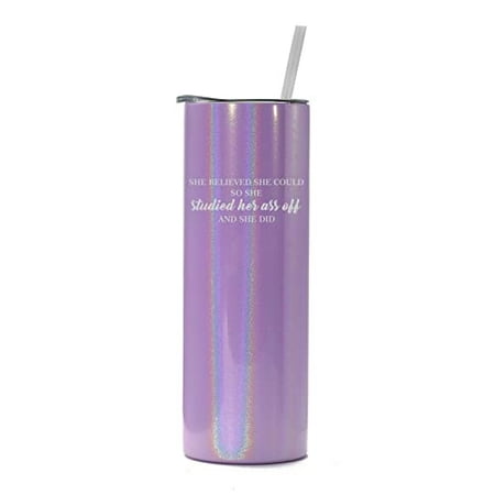

20 oz Skinny Tall Tumbler Stainless Steel Vacuum Insulated Travel Mug Cup With Straw She Believed She Could So She Studied And She Did Graduation Student (Purple Iridescent Glitter)