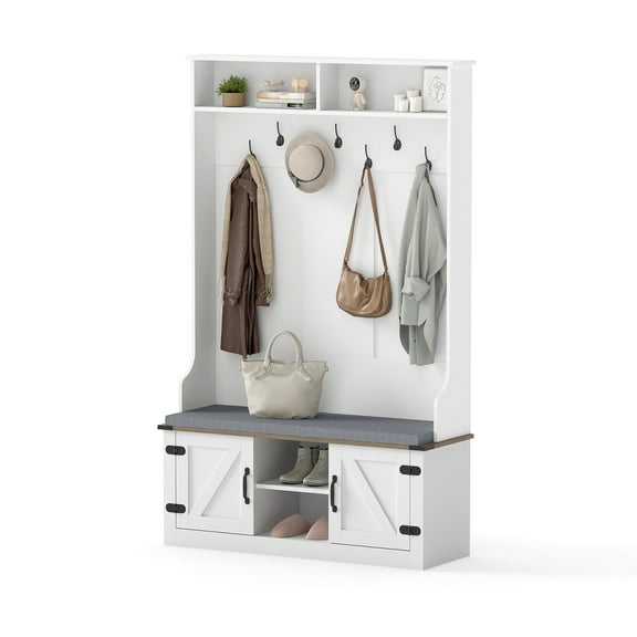 Gymax 68.5'' 4-in-1 Hall Tree w/Cushioned Bench Shoe Storage 7 Hooks 2 Cabinets White