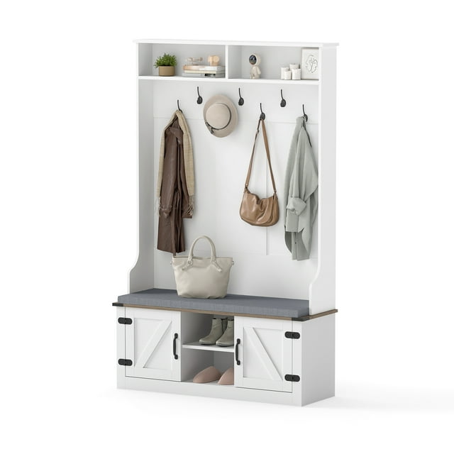 Gymax 68.5'' 4-in-1 Hall Tree w/Cushioned Bench Shoe Storage 7 Hooks 2 Cabinets White