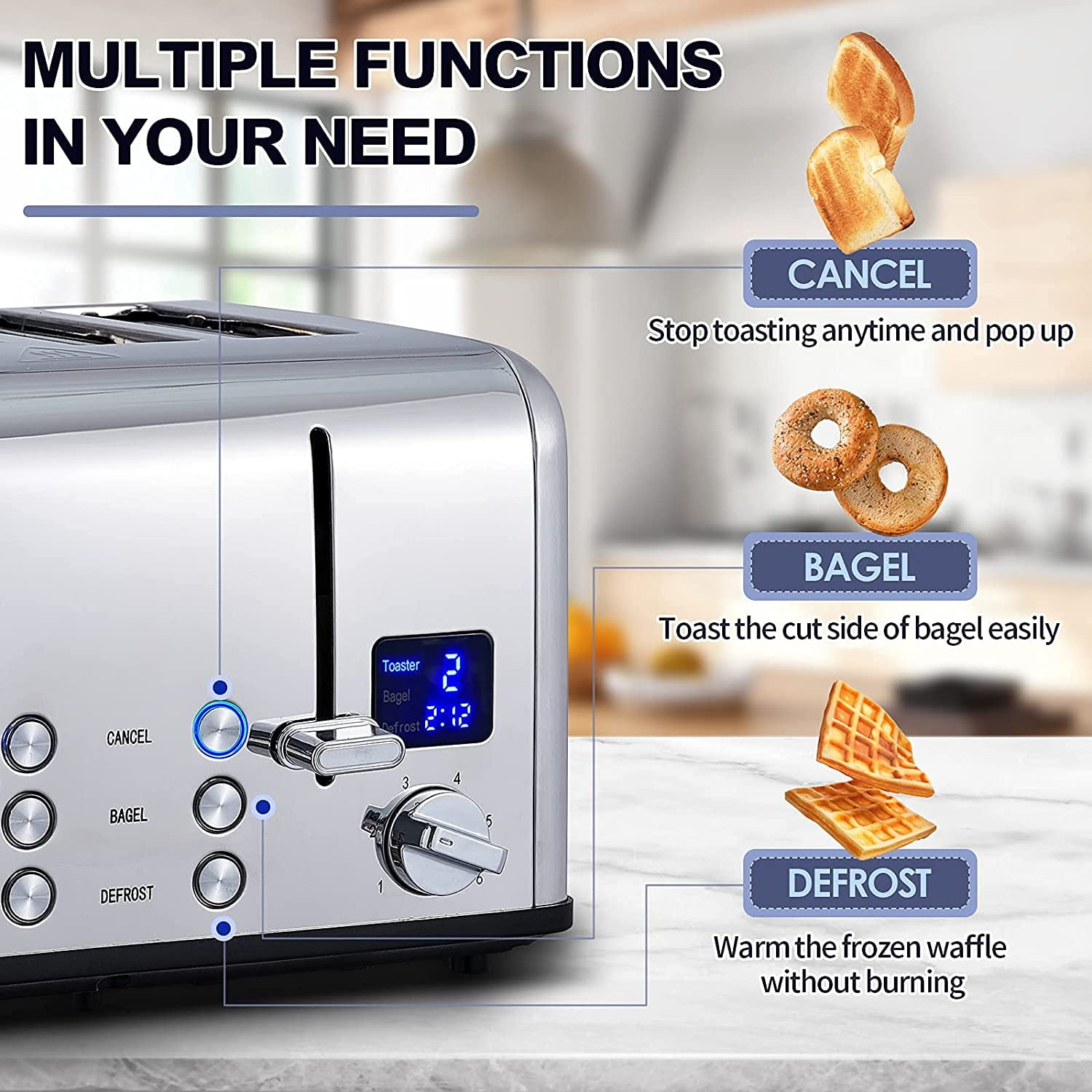 4 Slice Toaster, Ultra-Clear LED Display & Extra Wide Slots, Dual Control Panels of 6 Shade Settings, Cancel/Bagel/Defrost Function, Removable Crumb Trays, Stainless Steel Toaster