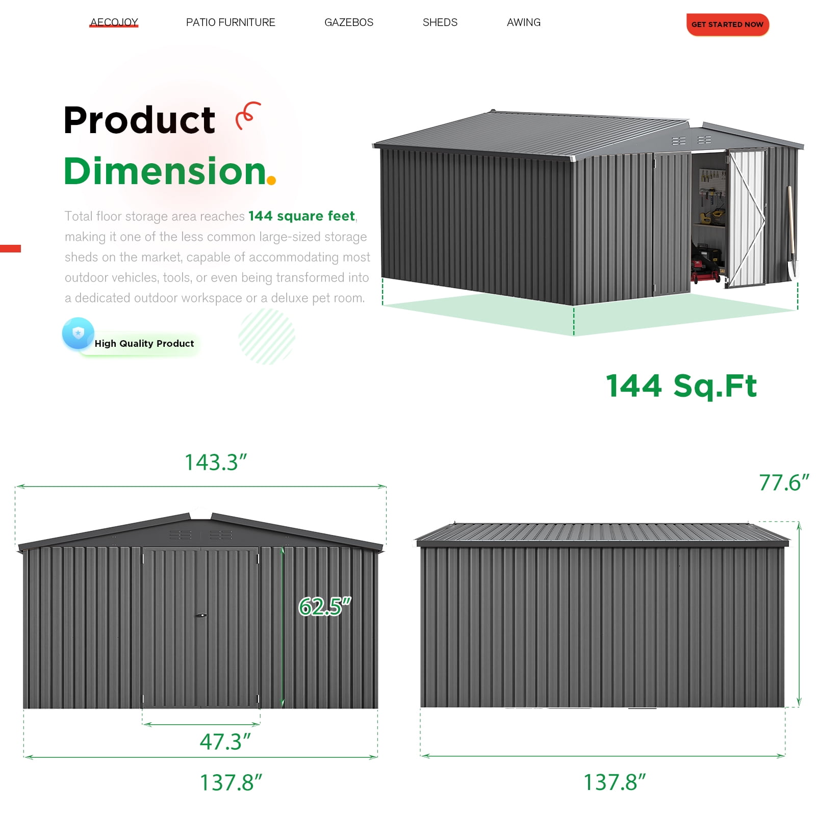 AECOJOY 12' x 12' Outdoor Storage Shed with Lockable Door Patio Metal Garden Storage Building in Dark Gray for Outside