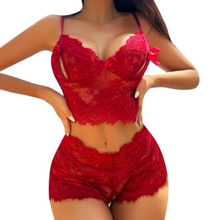 Yuhangmm Ladies Sexy Lace Cleavage Hollowed Out Passion Sexy Underwear Two Piece Set And Corset Lingerie for Women