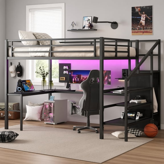 Queen Size Loft Bed with L-shaped Desk and USB, Metal Loft Bed with Wardrobe and Adjustable Shelf, High Loft Bed with LED for Teens Adults, Black