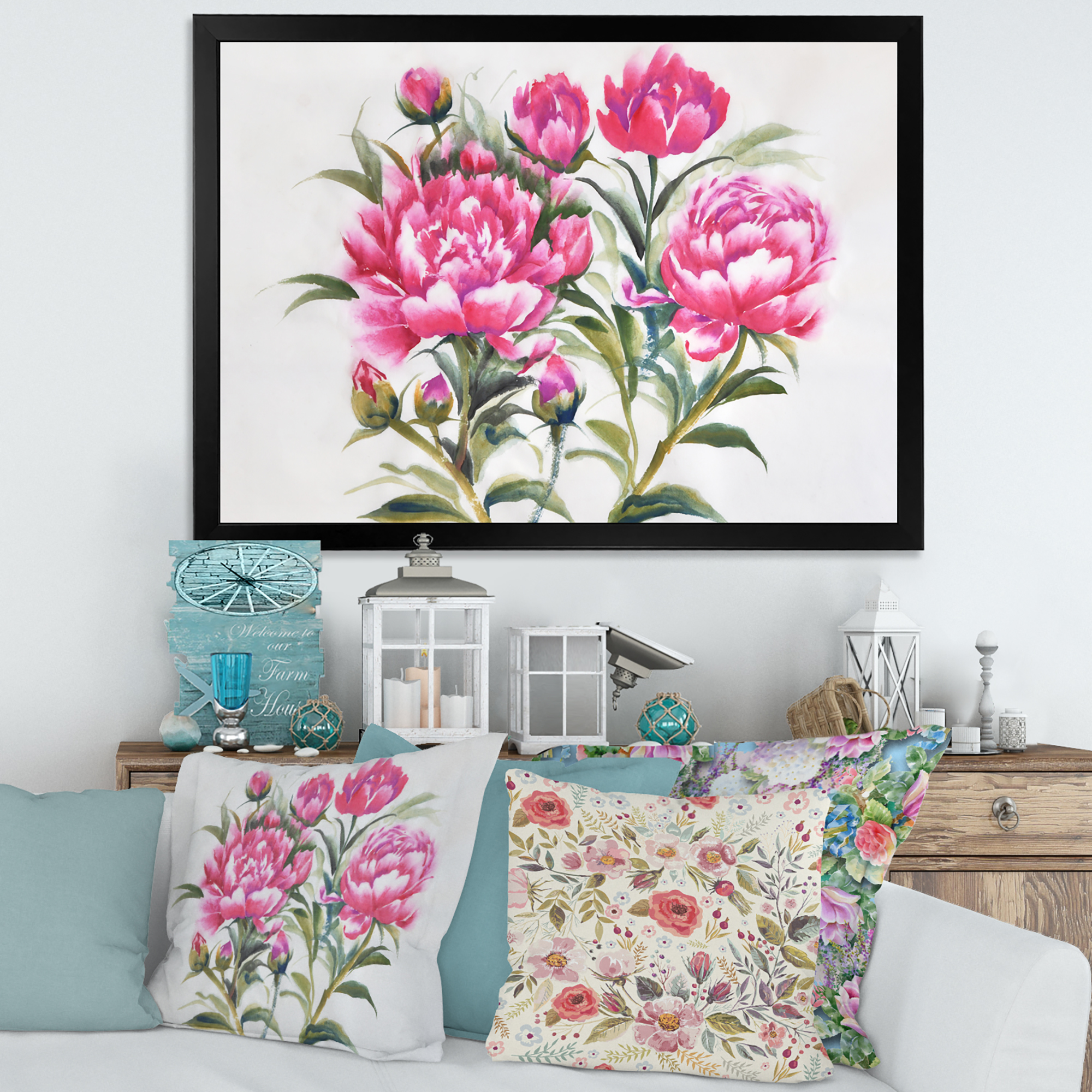 Designart 'Purple Peonies Flowers' Traditional Framed Art Print