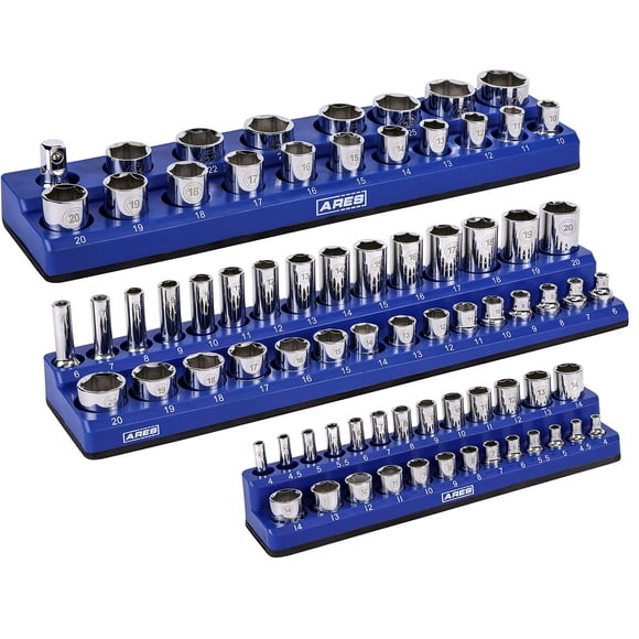 ARES 60036-3-Piece Blue Metric Magnetic Socket Organizer Set - Includes 1/4-Inch, 3/8-Inch, and 1/2-Inch Socket Holders - Holds Standard Size and Deep Size Sockets - Keep