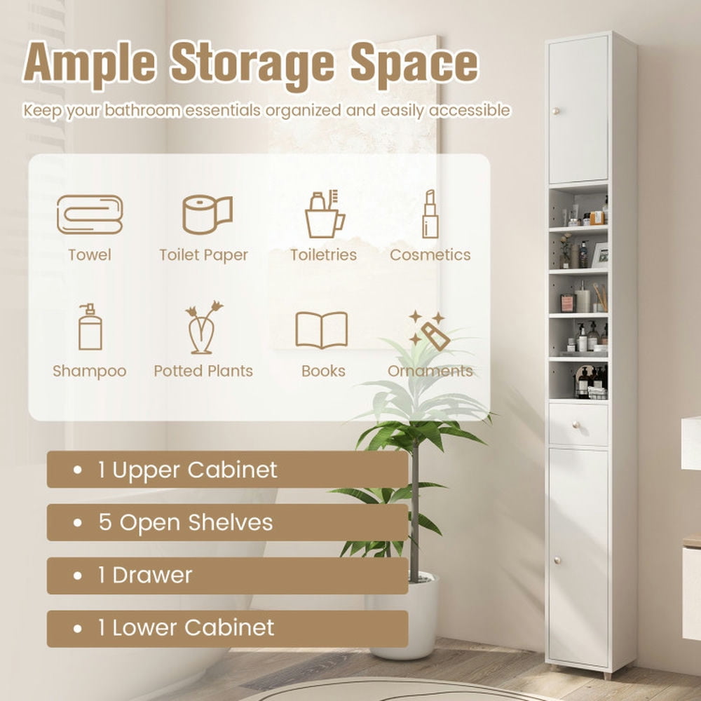 Finihen Bathroom Storage Cabinet, Bathroom Floor Cabinet, Freestanding Slim Bathroom Cabinet with Drawer and Adjustable Shelves, for Bathroom, Living Room, Bedroom, Kitchen, White