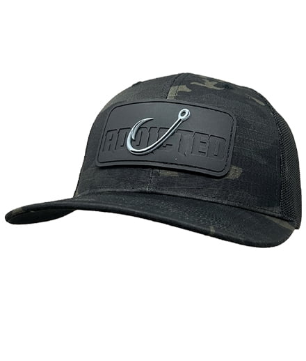 Addicted Fishing, Stealth Hook Patch Camo Trucker Hat, Black