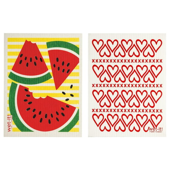 Wet-It! Swedish Treasures Dishcloth & Cleaning Cloth - Set of 2 - Watermelon & Hearts - (Paper Towel Replacement)