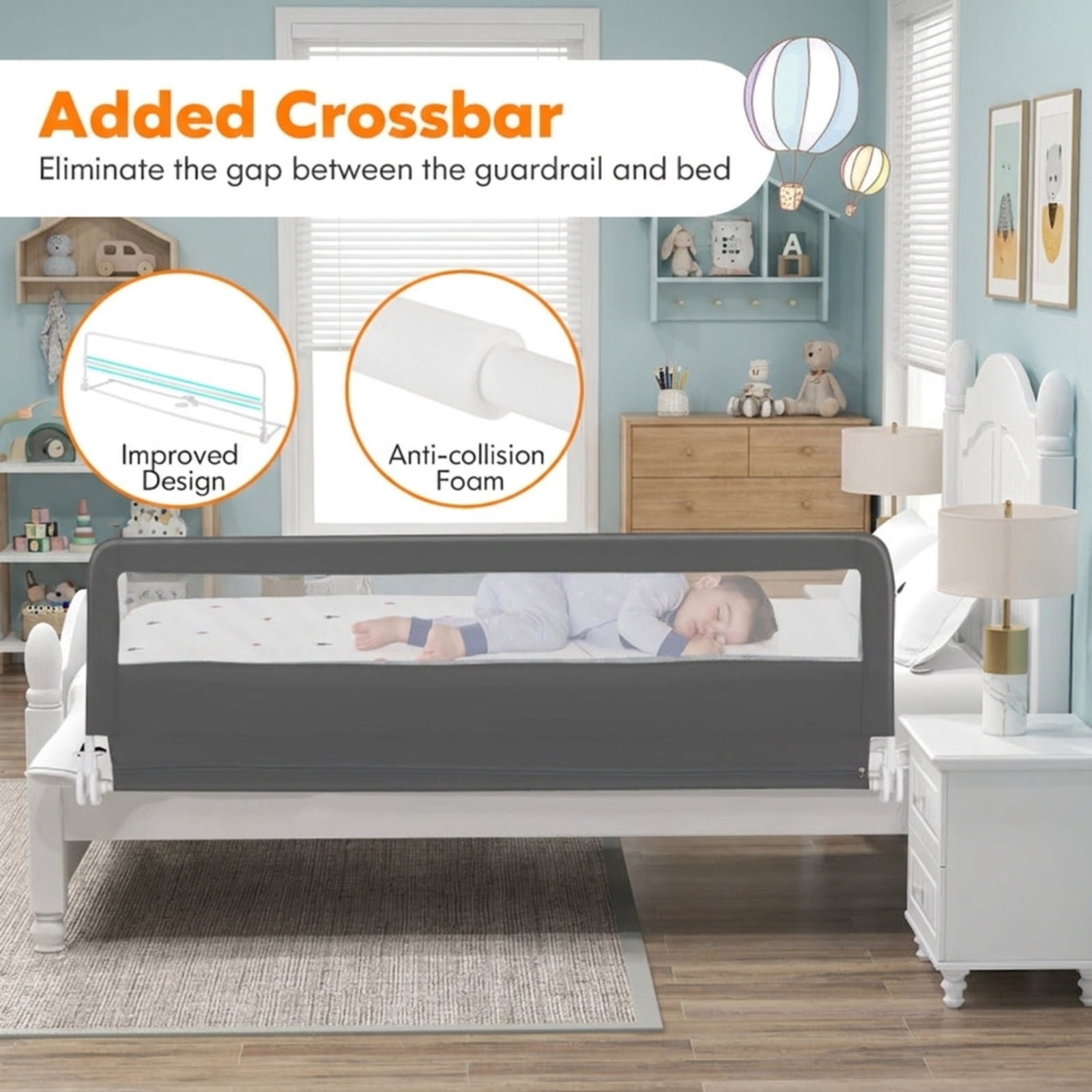 SUGIFT 71 Inch Extra Long Swing Down Bed Side Rails Guardrail with Ventilated Mesh Adjustable Safety Belt Oxford Cloth and Reinforced Steel Frame for Bedside, Gray