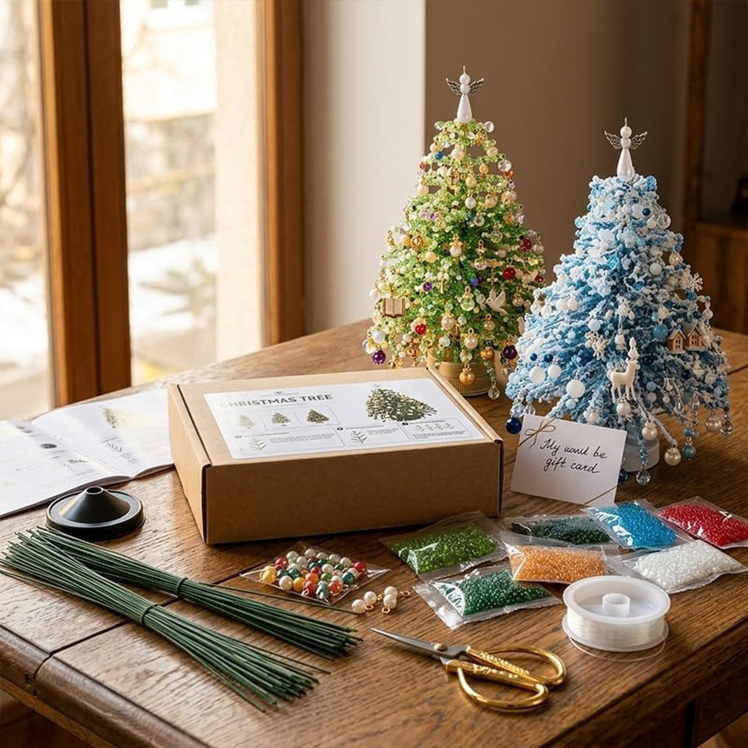 DIY Beaded Christmas Tree Kit with LED Light, Handmade Tabletop Holiday Craft for Adults, 4.4 x 4.3 x 4.5 in Desktop Decoration