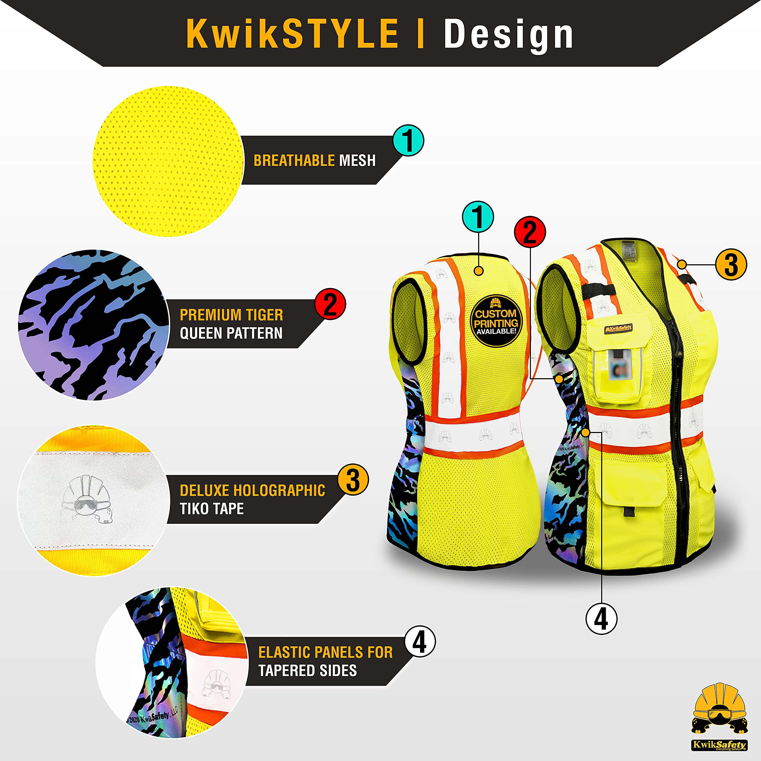 KwikSafety (Charlotte, NC) TIGER QUEEN Safety Vest for Women (IRIDESCENT Design) 9 Pockets Premium Class 2 Custom High Visibility ANSI OSHA Reflective Construction with Zipper | Yellow Small