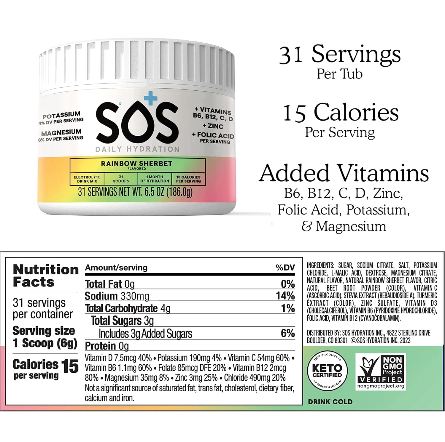 SOS Hydration Daily Electrolyte Powder Drink Mix, Rainbow Sherbet, Low Sugar, 31-Serving