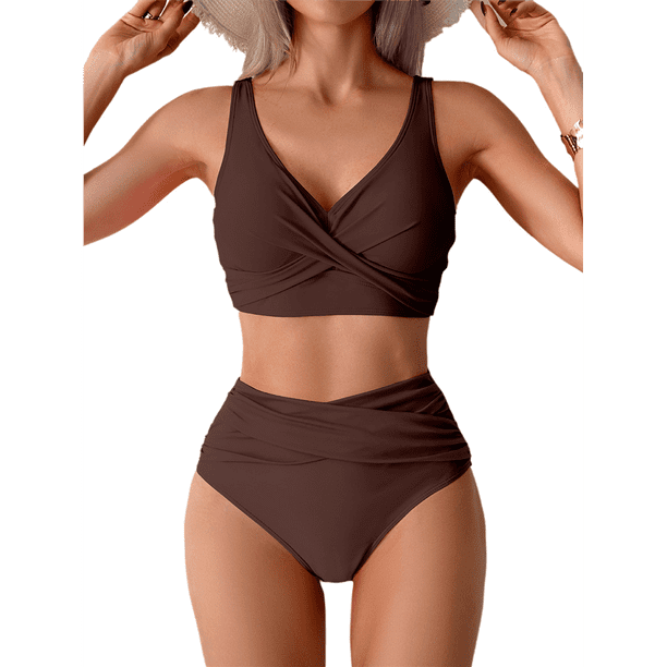 Conjunto de Bikini con Falda de Baño para Mujer, Color Café, Talla M