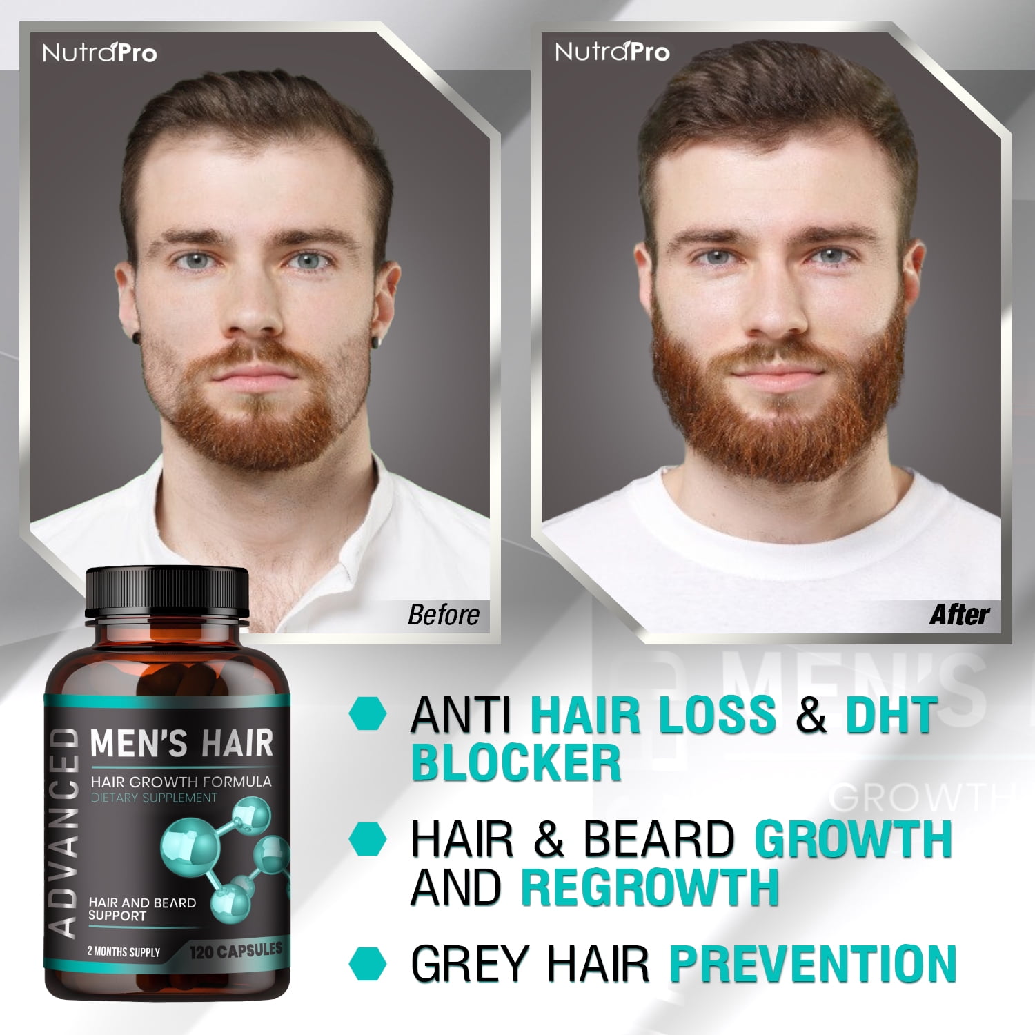 Hair Growth Vitamins For Men - Anti Hair Loss Pills. Regrow Hair & Beard Growth Supplement by NutraPro