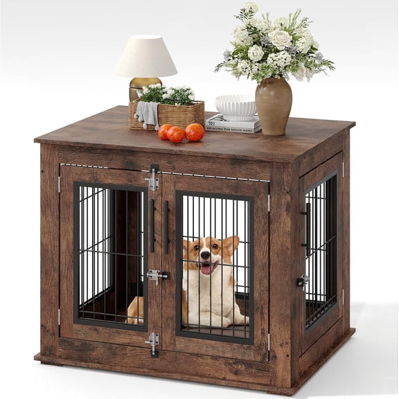 Roromall Farmhouse Dog Crate Furniture with Double Doors, Heavy Duty Wooden Indoor Anti-Chew Kennel Dog House Cage Side End Table for Small Medium Dogs