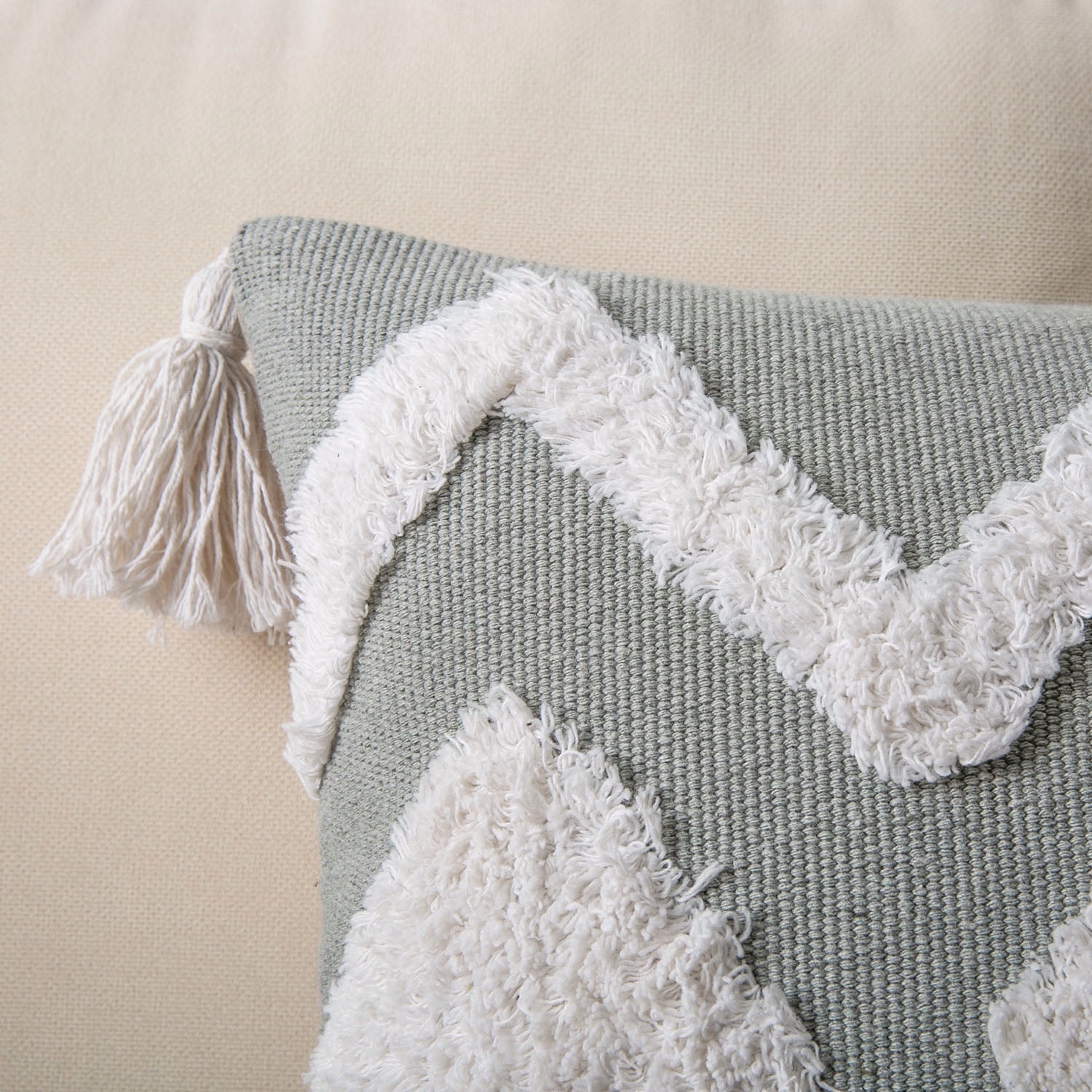 Phantoscope Decorative Throw Pillows Set of 4, Soft Corduroy Striped Velvet & Boho Woven Tufted with Tassel Series Cushion Bundles, for Sofa Couch Bedroom, Gray & White, 18 x 18 Inch