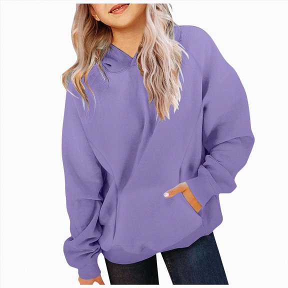 BOBOGOJP Girls Casual Long Sleeve Hoodies Cute Oversized Fleece Pocket Sweatshirt Tops (Purple, B)