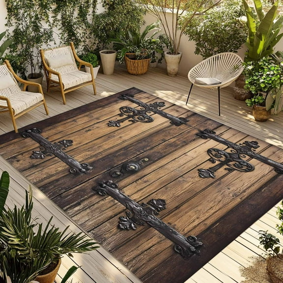 Fsddascl Rustic Wooden Door Outdoor Rug for Patio/Deck/Porch, Non-Slip Large Area Rug 4 x 6 Ft, Brown Black Farmhouse Country Vintage Indoor Outdoor Rugs Washable Area Rugs, Camping Rug Carpet