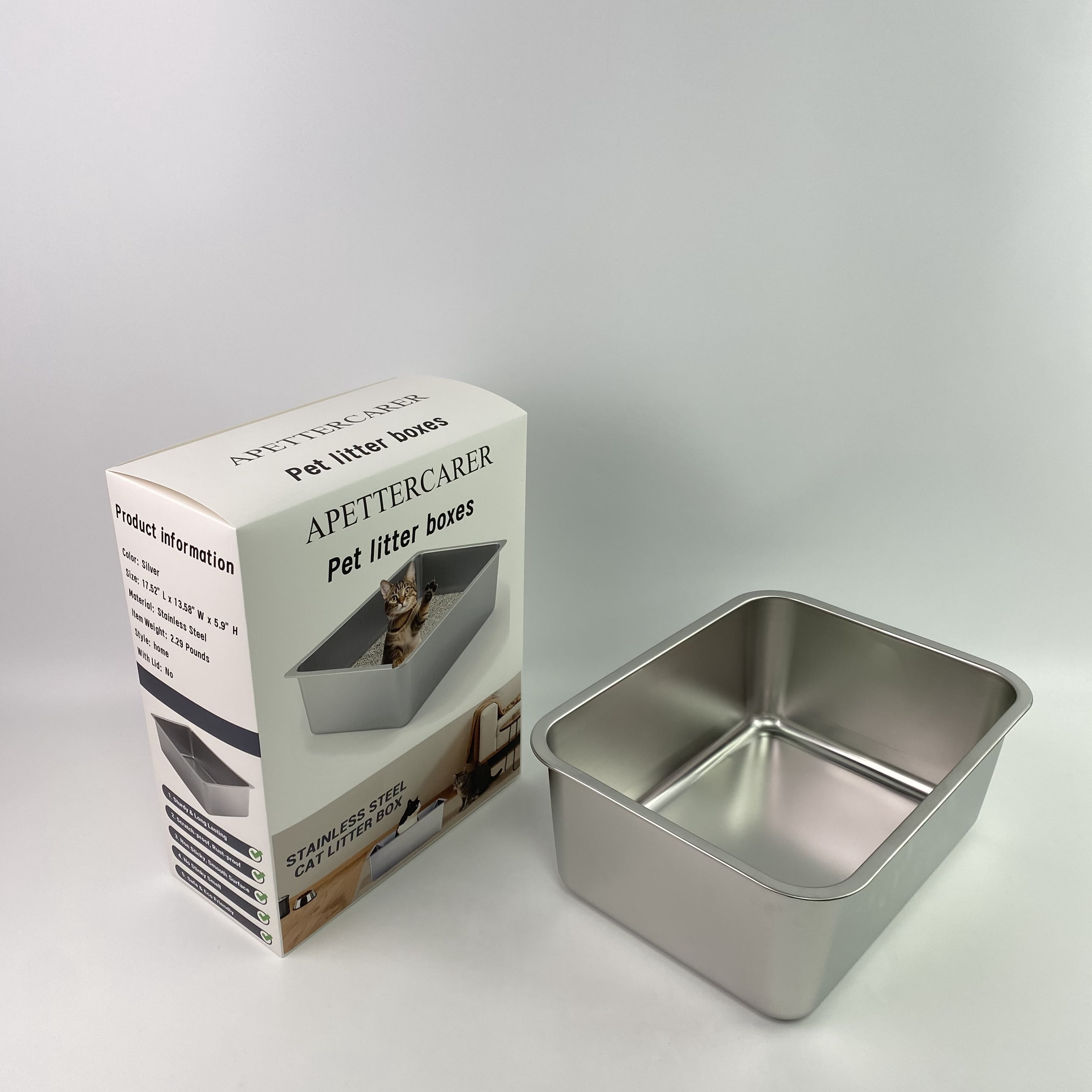 APETTERCARER Pet litter boxes,Stainless Steel Cat Litter Box - Metal High Sided Cat Pan, Large Stainless Steel Box, Indoor Litter Tray, Pet Toilet Supplies for Kitten