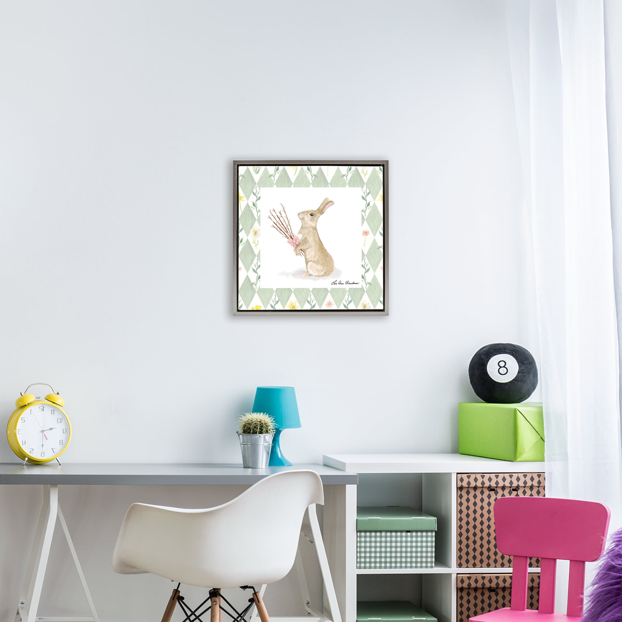 Bouquet Bunny on Green Argyle Gray Framed Floater Canvas Wall Art, design by Lee Ann Sanders