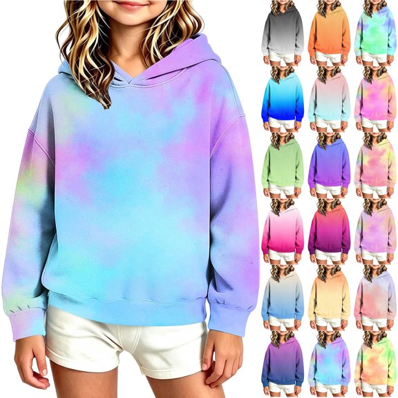Otntypg Ombre Hoodies for Girls Lightweight Casual Fall Long Sleeve Tie Dye Gradient Color Printed Hooded Pullover Tops Trendy Oversized Basic Atheltic Sweatshirts