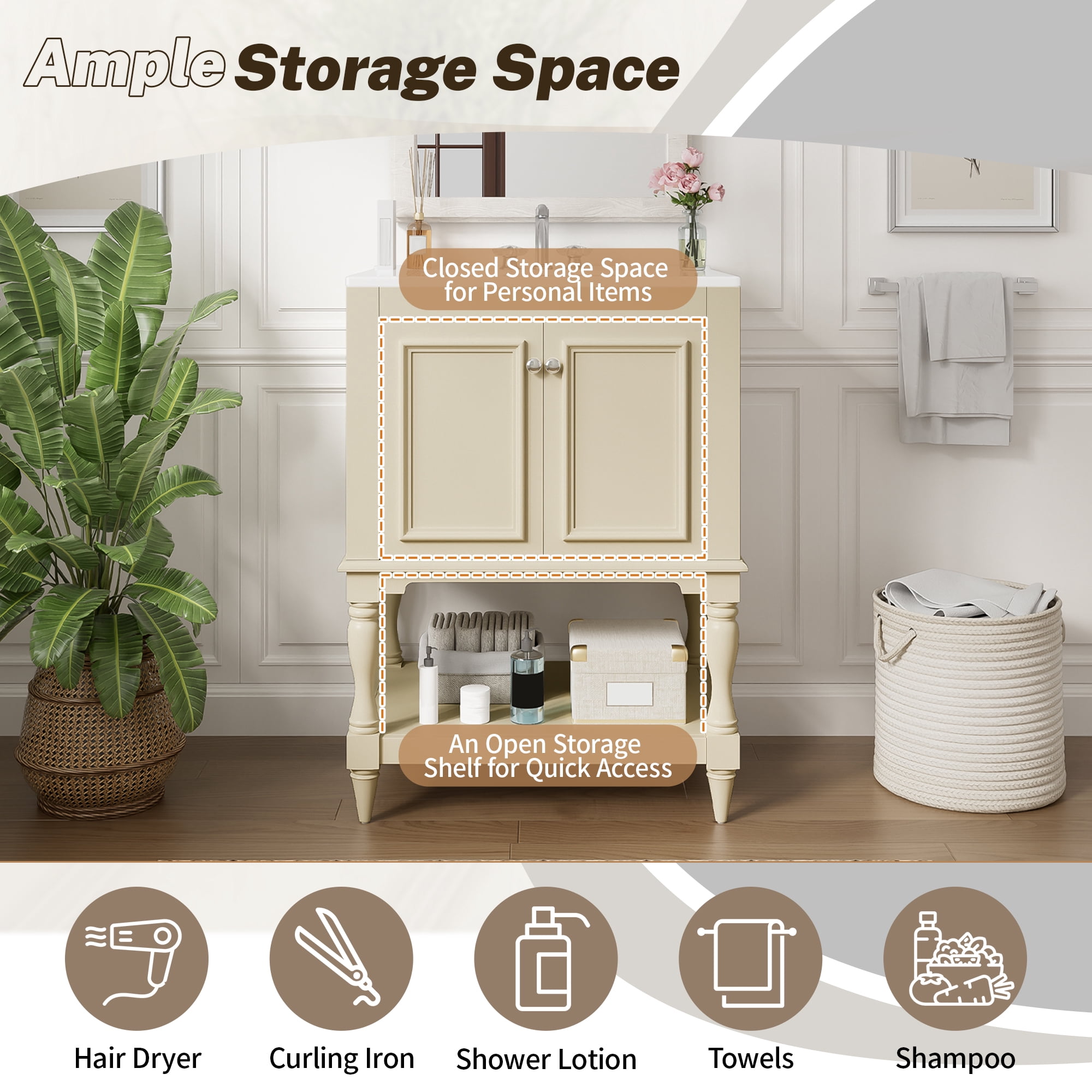 Harper & Bright Designs 24" Free Standing Single Basin Vanity Set, Bathroom Vanity with Sink Combo with Open Shelf, Bathroom Sink Storage Cabinet for Small Space, Beige