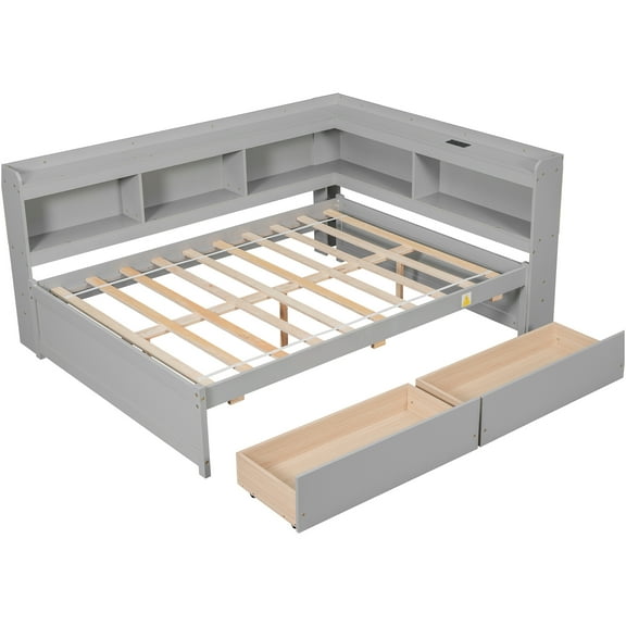 JERFIT Grey Full Size L-Shaped Storage Bed with Power Outlets, USB-C Charging Station 2 Drawers, Modern Platform Bed Frame with Built-in Shelves