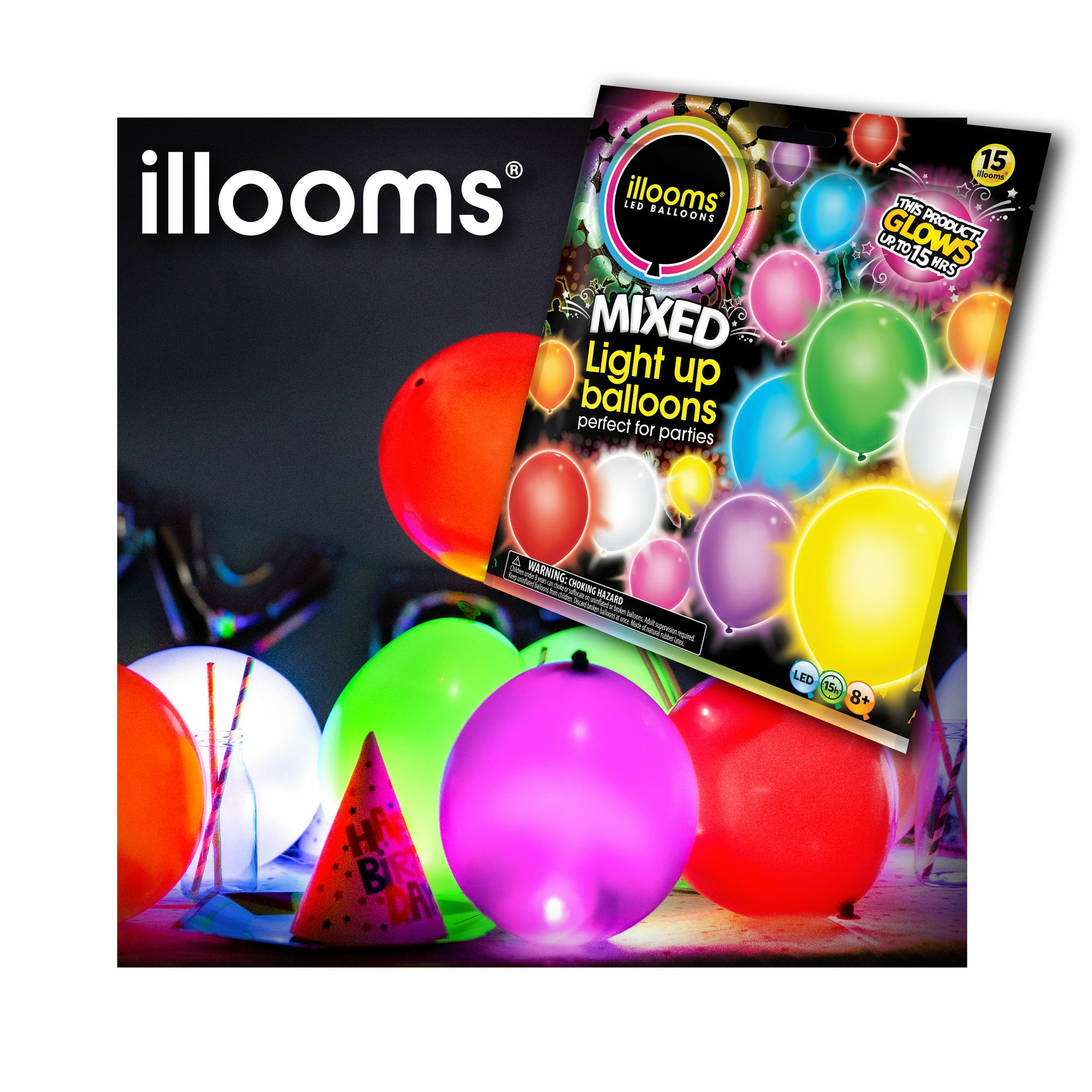 illooms LED Latex Light-Up Balloons, Assorted Colors, 15 pack