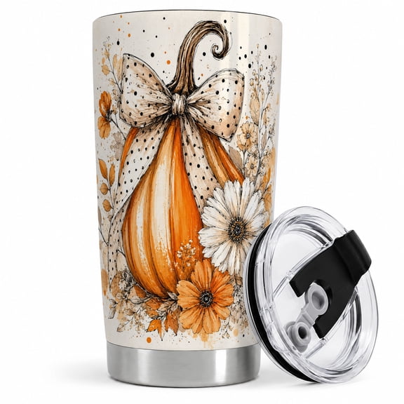 Polka Dot Bow Pumpkin Tumbler, 20oz Insulated Drinkware for Fall Fans Stainless steel insulated tumbler with lid, polka dot bow pumpkin art for water, iced coffee, tea, or office