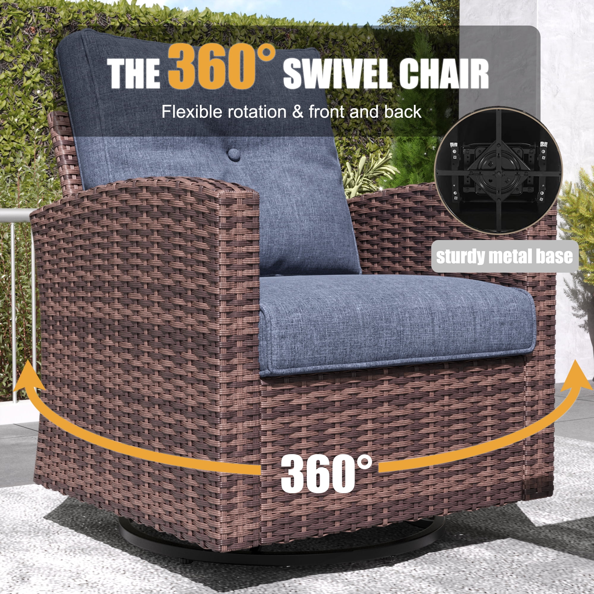 Layinsun 7 Pieces Patio Furniture Set with Swivel Chairs, Rattan Wicker Rocking Glide Chairs with 44" Propane Gas Fire Pit Table Conversation Set