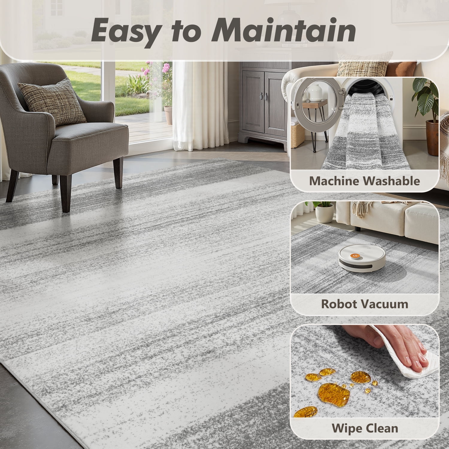 VUNATE 9'x12' Area Rugs for Living Room Washable Rugs Modern Abstract Area Rug Soft Contemporary Neutral Carpet Indoor Rug for Bedroom Dining Room Office Foldable Nonslip Rug Gray
