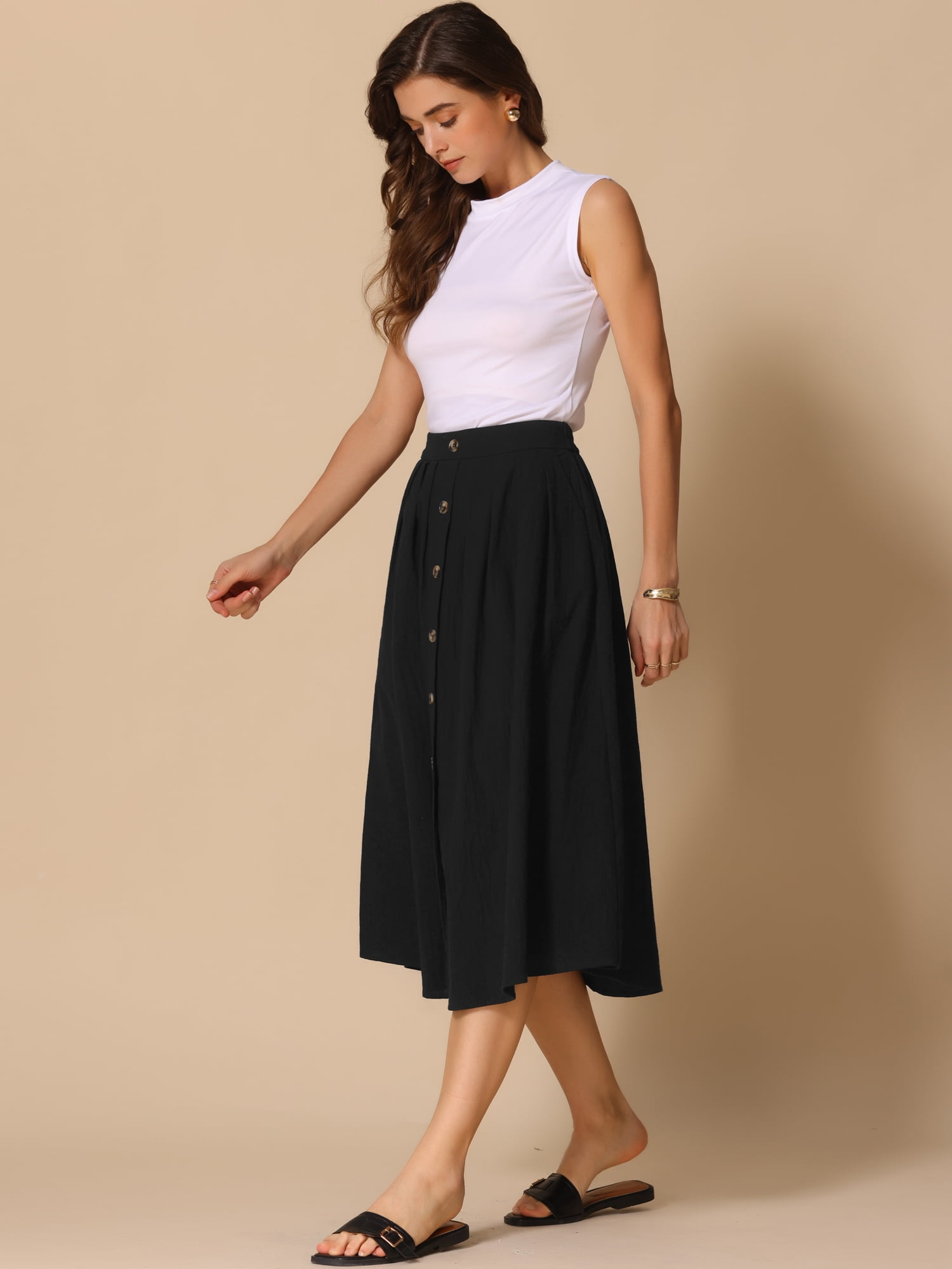DARING DIVA Women's Button Decor Elastic Waist A-Line Skirts with Pockets M Black