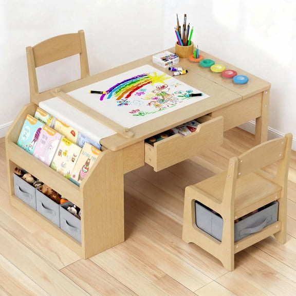 Hijob 5-in-1 Kids Art Table & Chair Set – Convertible Easel with Paper Roll Holder, Storage Drawers & Foldable Craft Desk, Toddler Activity Learning Center for Playroom, Natural Wood