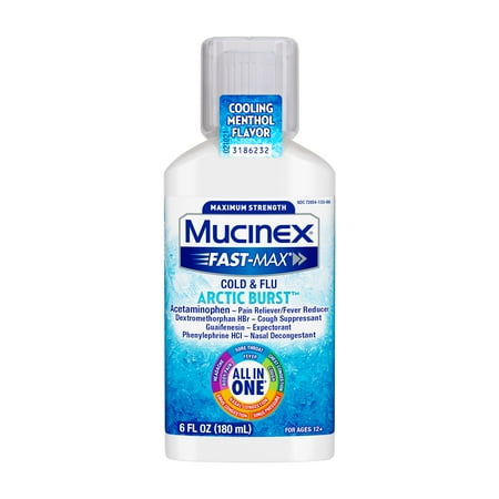 Maximum Strength Mucinex Fast-Max Cold & Flu Arctic Burst, Adult Liquid, Multi-Symptom Relief, Pain Reliever, Fever Reducer, Cough Suppressant, Expectorant, Nasal Decongestant, 6 fl. oz.